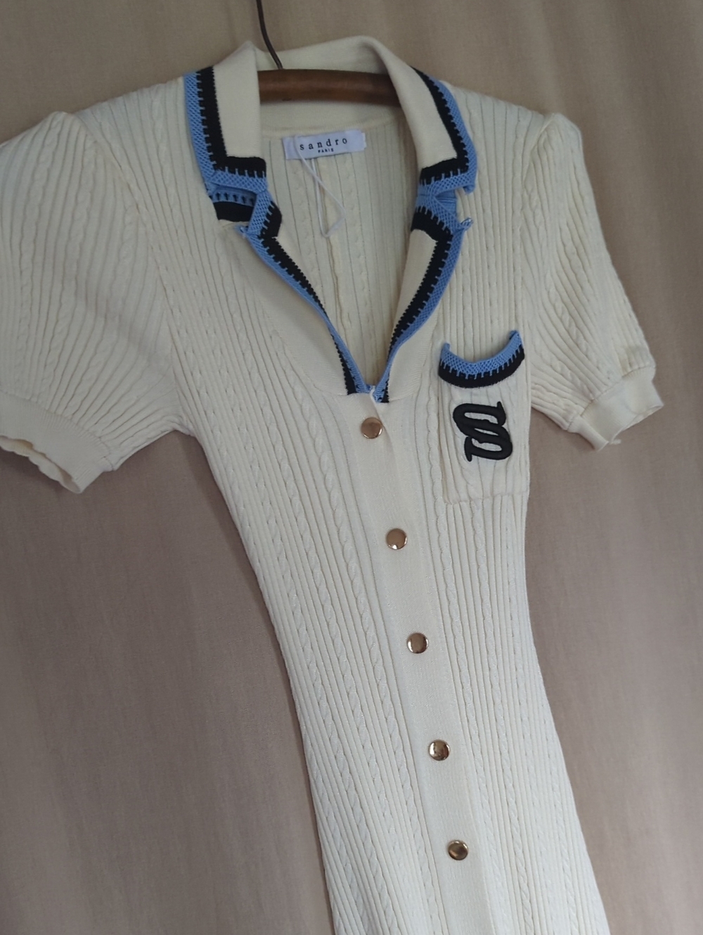 Sandro Florine Knit Midi Dress Cream Beige Button-Down Polo Navy Blue Trim Maxi - Picture 4 of 8